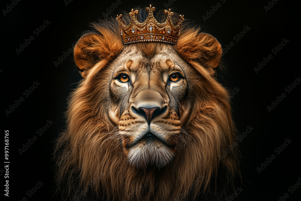 Majestic Lion Wearing a Crown on a Dark Background Majestic Lion Wearing a Crown on a Dark Background