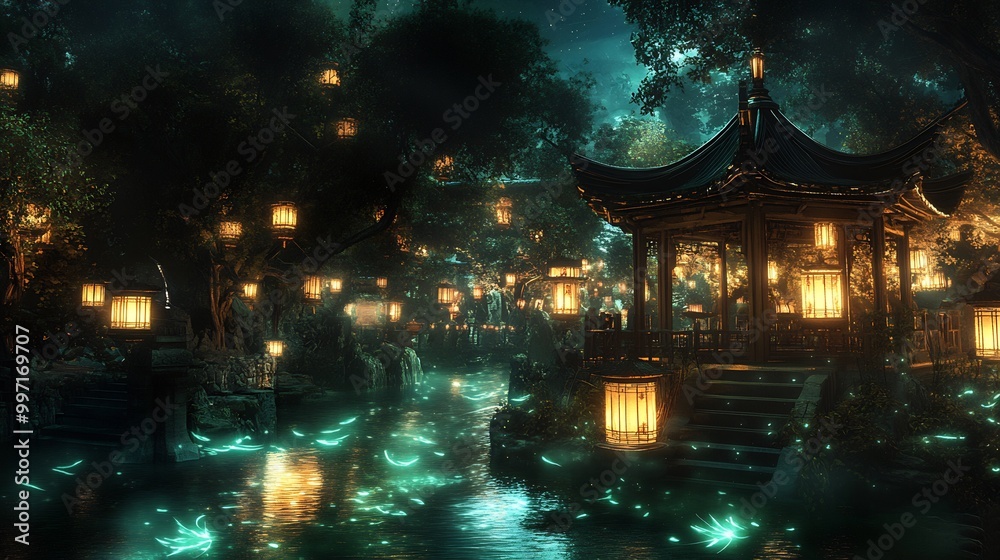 Obraz premium Traditional pagoda glows warmly beside a shimmering water canal during a festive evening, perfect for cultural travel content or peaceful holiday banners.