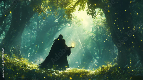 Enchanted forest sorcerer, fantasy nature background, magical woods, whimsical landscape, mystic grove, druid in enchanting forest, wizard casting spell. Druid Grove. Illustration