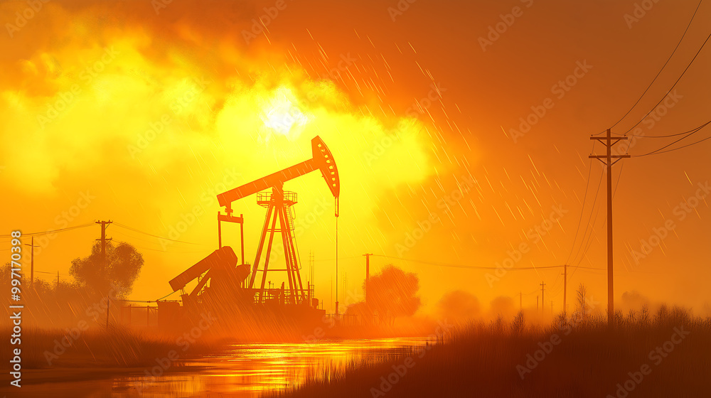 A tall oil rig in the desert in the sunset, beautiful oil mining background, wallpaper A tall oil rig in the desert in the sunset, beautiful oil mining background, wallpaper