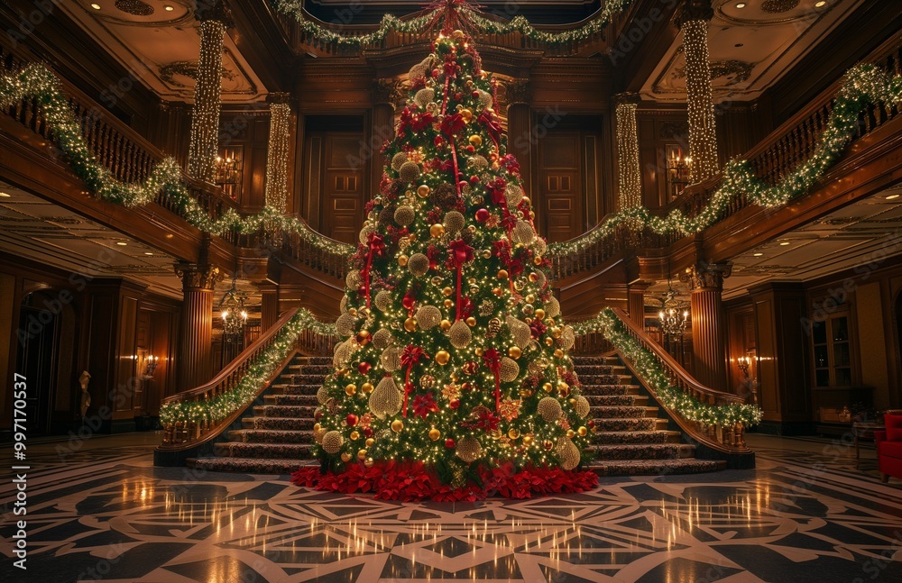 Fototapeta premium A tall Christmas tree with red ribbons in the hall with staircase