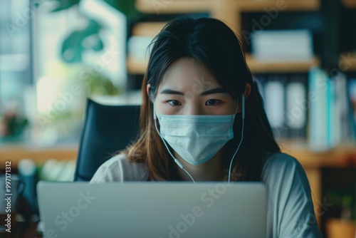 Asian female employee learns online course at home.