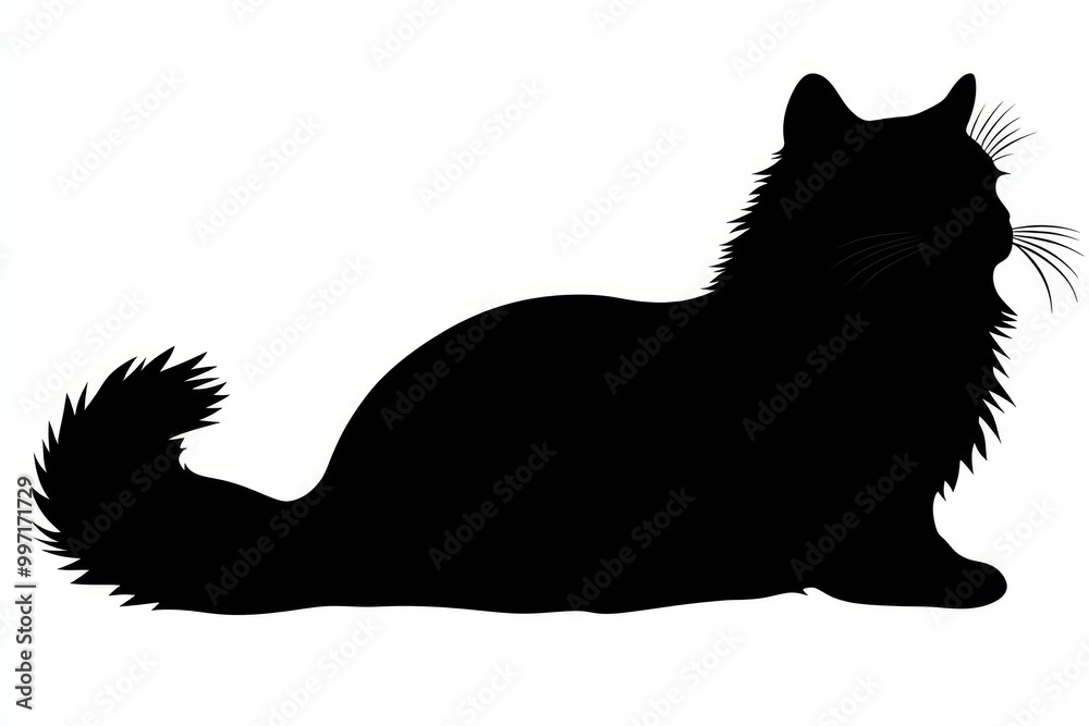 Obraz premium Black silhouette of a cat sitting with its tail curled on a white background.