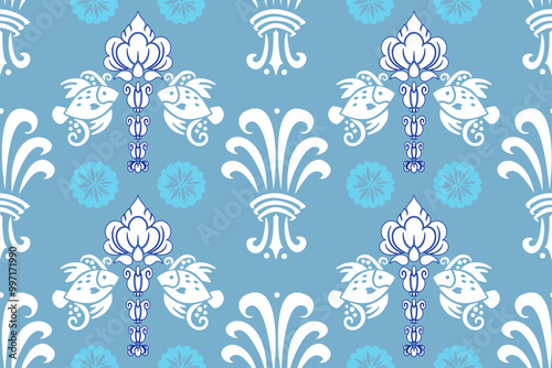 Seamless pattern with intricate blue snowflake ornaments for winter holiday decoration