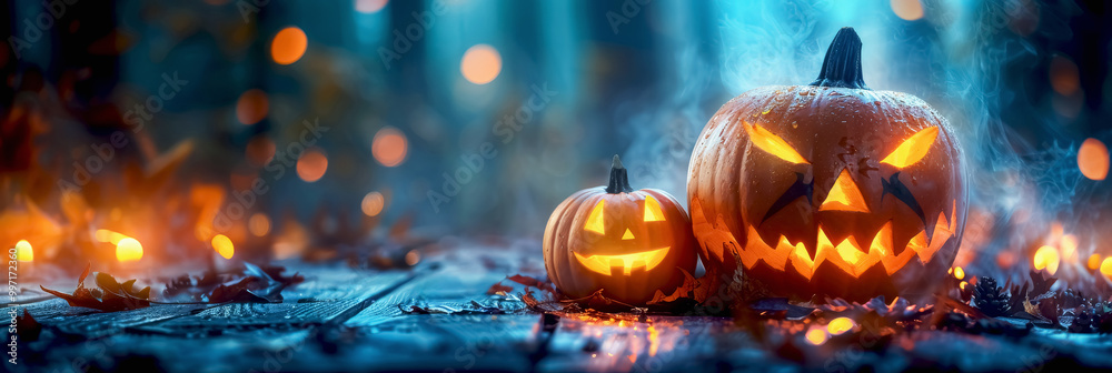 Glowing Jack O' Lanterns at night. Halloween Background Glowing Jack O' Lanterns at night. Halloween Background