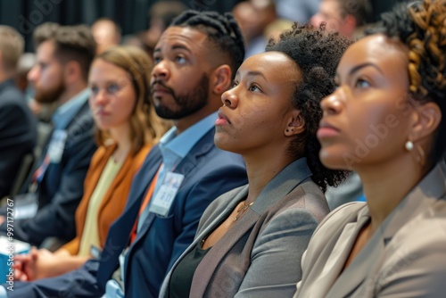 Multiracial business people attend education event at convention center.