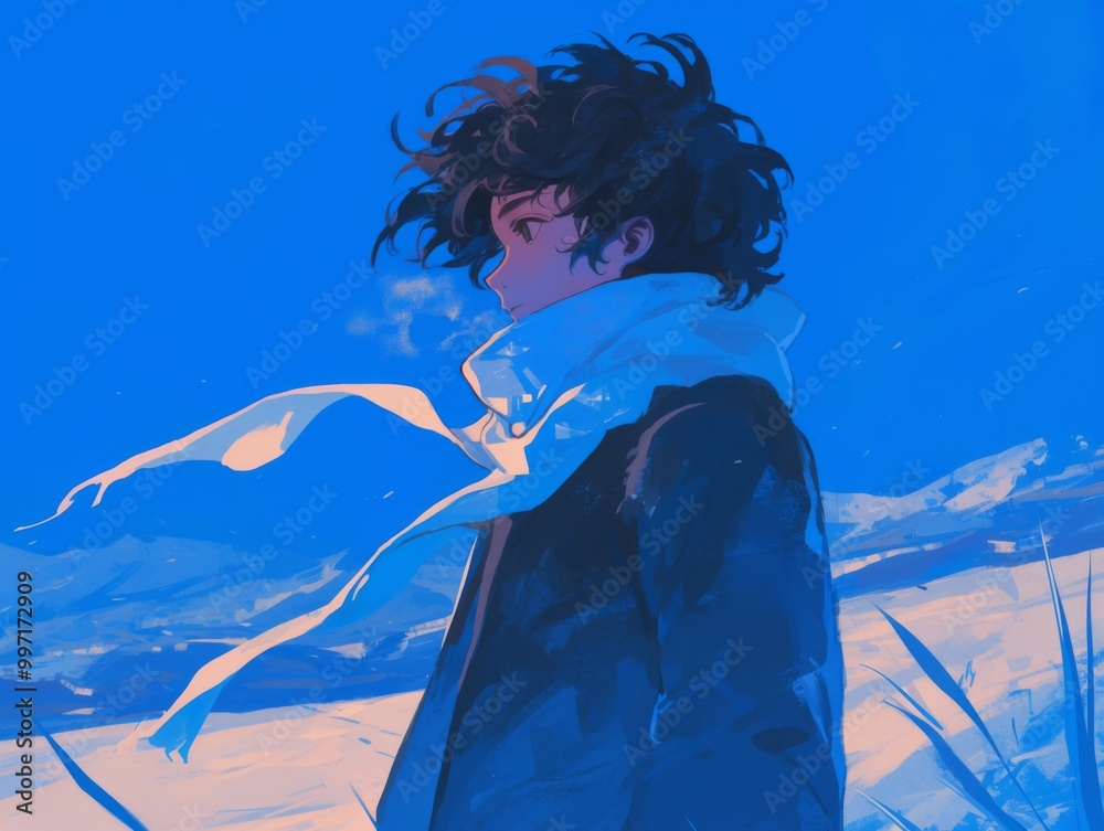 A profile view of a boy with messy black hair, standing against a snowy landscape with a deep blue sky, capturing the essence of winter's chill. A profile view of a boy with messy black hair, standing against a snowy landscape with a deep blue sky, capturing the essence of winter's chill.