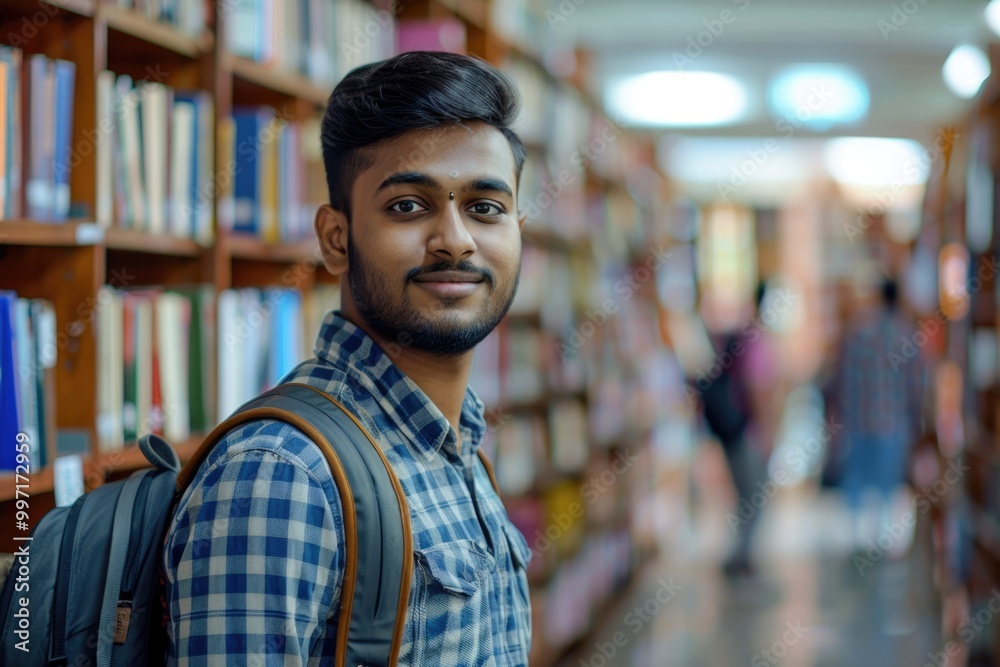 Obraz premium Happy Indian student in library during break between classes.
