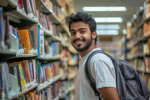 Happy Indian student in library during break between classes.