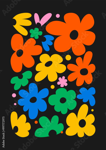 Abstract poster with colorful flowers on black background. Vector flat illustration with organic floral shapes. Contemporary modern art clipart