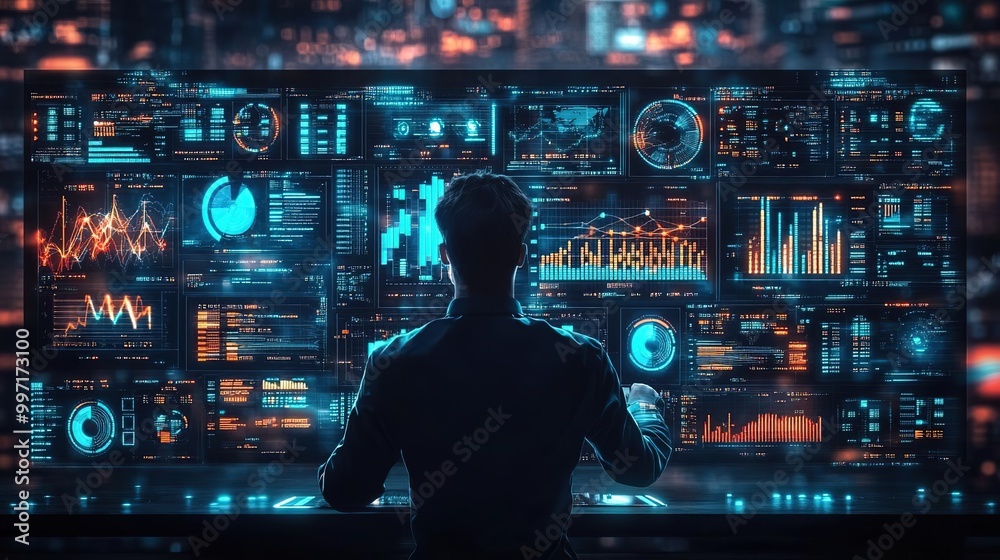 A professional analyzing data on a futuristic touchscreen interface, surrounded by vibrant digital displays and graphs. A professional analyzing data on a futuristic touchscreen interface, surrounded by vibrant digital displays and graphs.