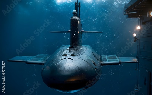 A photo of a military submarine diving underwater. The submarine is submerged in the ocean, leaving only a small bubble trail on the surface 