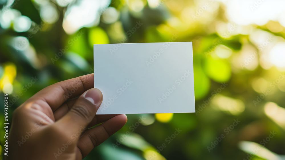 A white template business card in a hand on an outdoor background A white template business card in a hand on an outdoor background