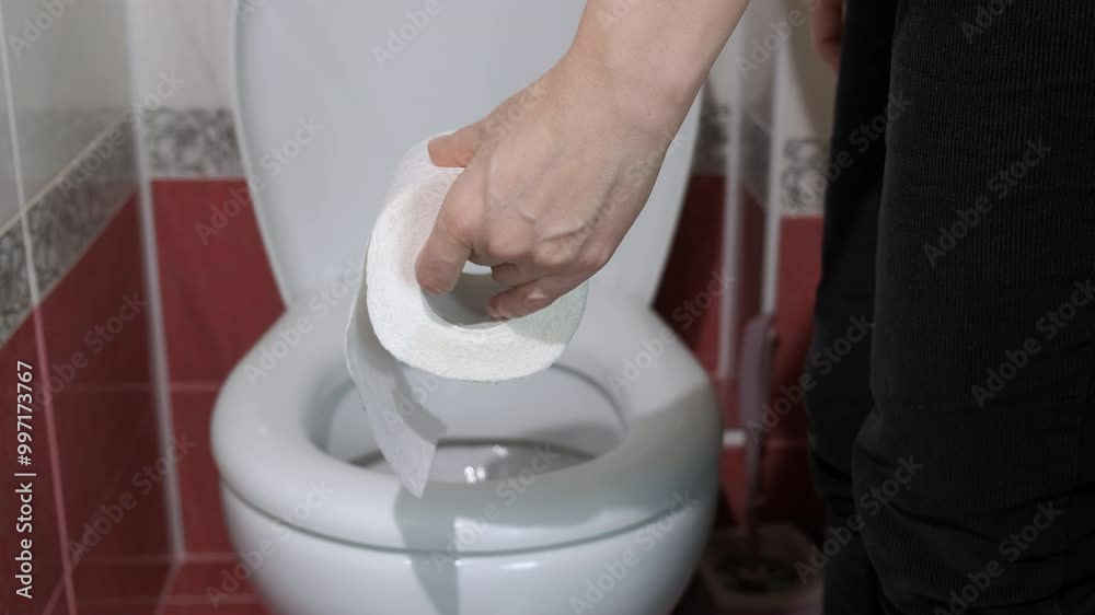 Hold rolling paper by toilet. A view of woman hand with rolling soft toilet paper by the toilet bowl against room wall.