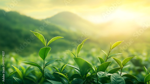 A green mountain range with a lot of tea leaves, a green tea plantation in the mountains, tea field