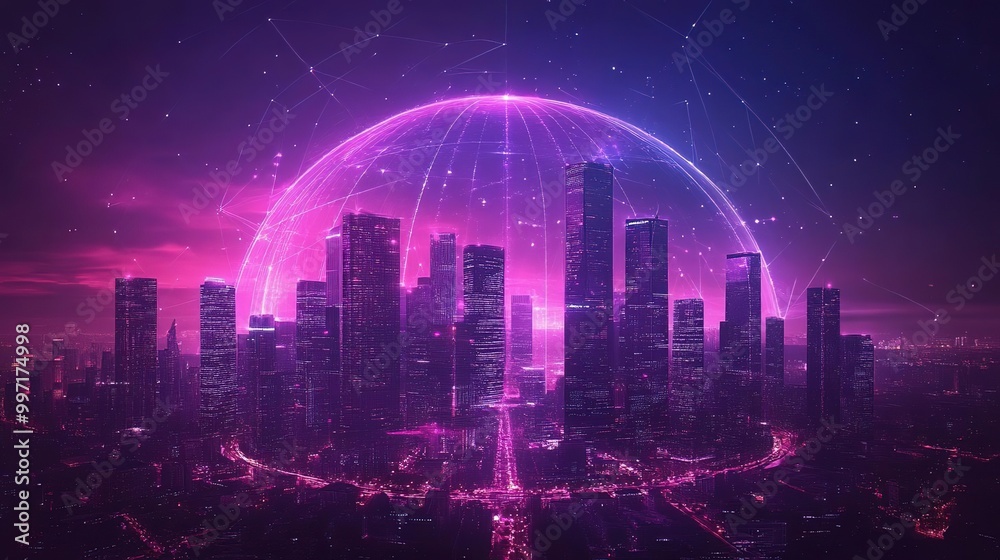 Obraz premium Futuristic city skyline illuminated by vibrant pink and purple hues, featuring a glowing digital dome overlay.