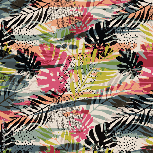 Watercolor Colorful tropical leaves pattern