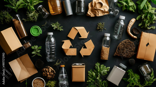 A collection of eco-friendly packaging, recycling trash and packages, recycling at home