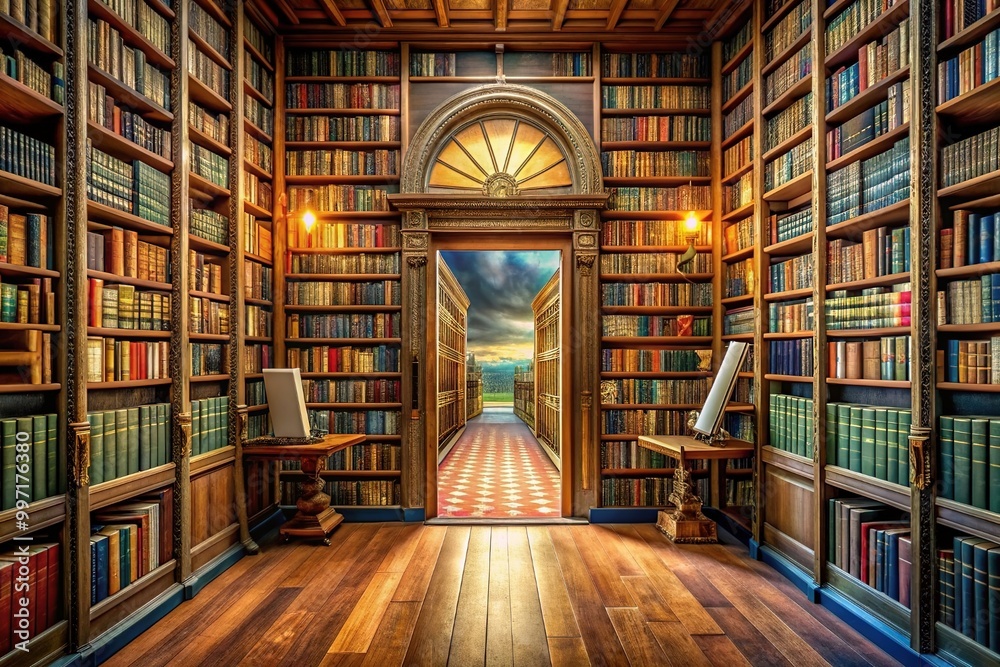 Book in library with old open textbook, stack piles of literature text archive on reading desk, and aisle of bookshelves in school study class room background for academic education learning concept Book in library with old open textbook, stack piles of literature text archive on reading desk, and aisle of bookshelves in school study class room background for academic education learning concept