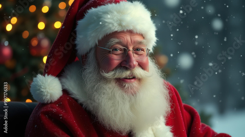 Festive Santa Claus Portrait with Christmas Tree and Snow | Holiday Magic and Cheer in Stunning Santa Image