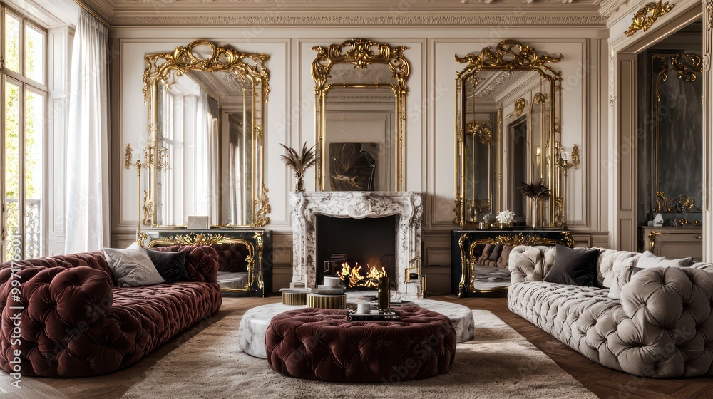 Fototapeta premium A grand living room with high ceilings, detailed crown moldings, and large, plush velvet sofas A marble fireplace dominates the scene, surrounded by gold-framed mirrors
