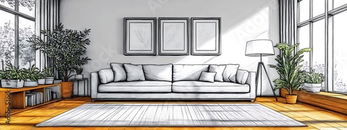 Line interior home art room design illustration outline sketch furniture. Home line sofa interior house doodle continuous lineart one office lamp chair decor hand living table apartment background,