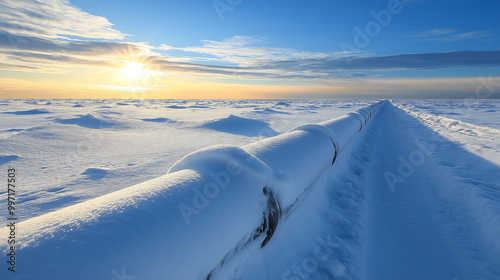 An oil pipeline stretching across a snowy arctic land for transporting oil, pipe covered in snow