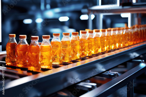 Row of bottles with lemonade moving along belt conveyor.