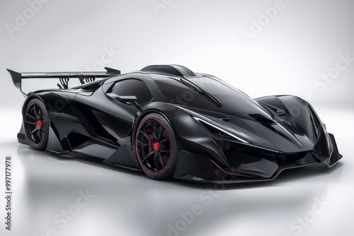 Carbon black supercar with transparent hood revealing high tech engine.