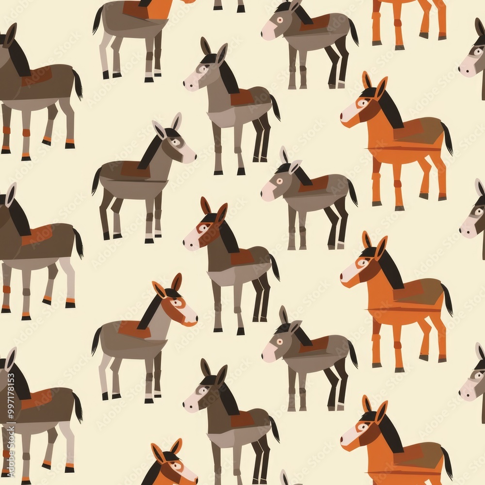 A design featuring a repetitive pattern of vector-drawn donkeys, capturing their charming and sturdy appearance in a playful and stylized form. A design featuring a repetitive pattern of vector-drawn donkeys, capturing their charming and sturdy appearance in a playful and stylized form.