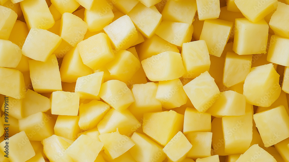 a close-up, top-down view of diced potatoes spread across the entire frame, filling the image with their pale yellow color and uniform cubes a close-up, top-down view of diced potatoes spread across the entire frame, filling the image with their pale yellow color and uniform cubes