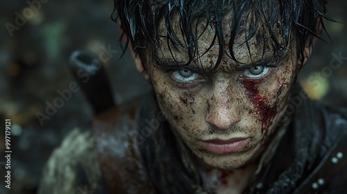 Intense Close-Up Portrait of a Wounded Warrior photo