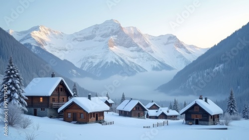 Generative AI, a snowy mountain scene with a cabin in the foreground and a mountain range in the background with snow on the ground, winter, a matte painting, german romanticism 