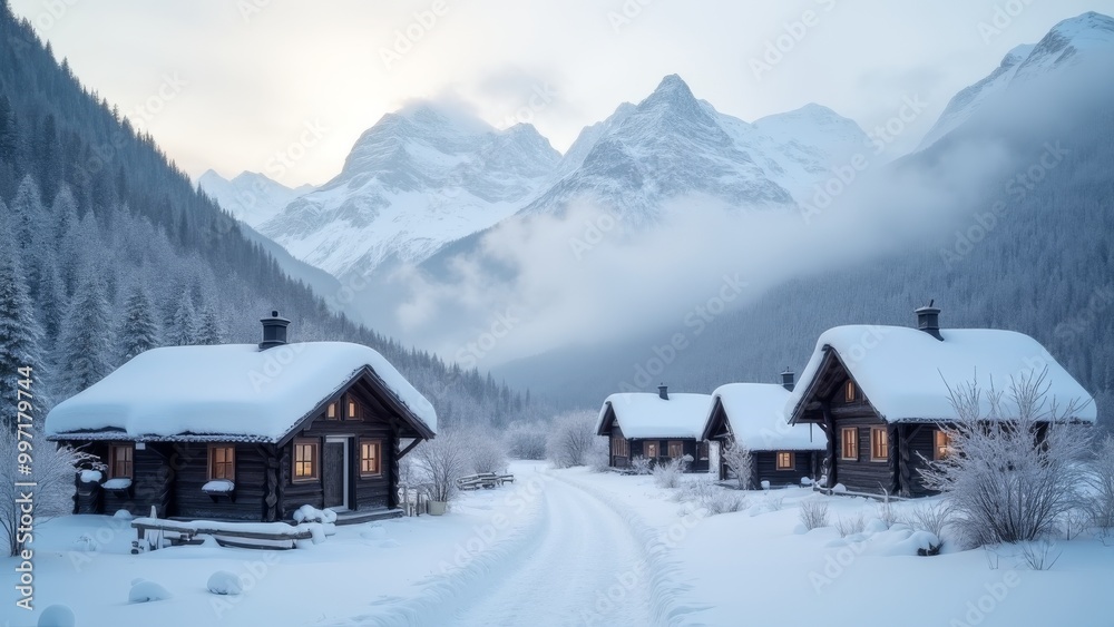 Generative AI, a snowy mountain scene with a cabin in the foreground and a mountain range in the background with snow on the ground, winter, a matte painting, german romanticism
Generative AI, a snowy mountain scene with a cabin in the foreground and a mountain range in the background with snow on the ground, winter, a matte painting, german romanticism