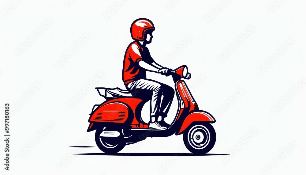 A stylized illustration of a person riding a red scooter. A stylized illustration of a person riding a red scooter.