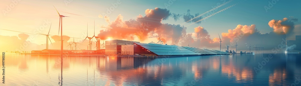 Fototapeta premium A serene waterfront view at sunrise, featuring cranes, a ship, and colorful clouds reflecting on calm waters.