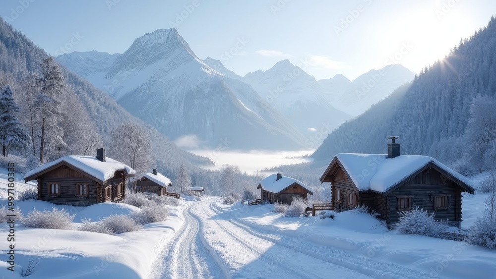 Generative AI, a snowy mountain scene with a cabin in the foreground and a mountain range in the background with snow on the ground, winter, a matte painting, german romanticism
Generative AI, a snowy mountain scene with a cabin in the foreground and a mountain range in the background with snow on the ground, winter, a matte painting, german romanticism