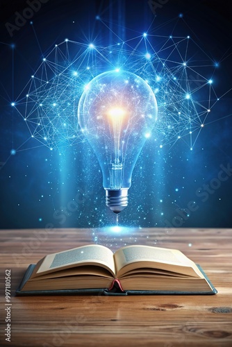 Glowing lightbulb over a book, Inspiring from read concept, Education knowledge and business education ideas, Innovations, self-learning, knowledge and searching for new ideas. Thinking for new idea.