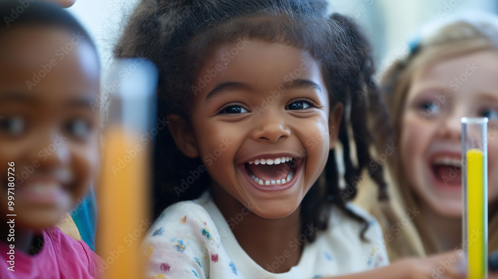Happy children conducting a science experiment in a classroom, filled with excitement and curiosity. A joyful moment of learning and discovery. Happy children conducting a science experiment in a classroom, filled with excitement and curiosity. A joyful moment of learning and discovery.