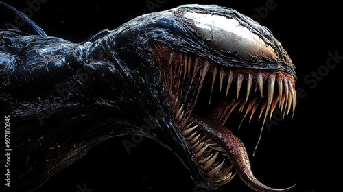 A terrifying creature with sharp teeth and a long tongue, set against a dark background, perfect for horror-themed projects.