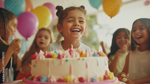 Group of joyful children celebrating a birthday with a colorful cake and balloons, smiling and enjoying the festive moment.