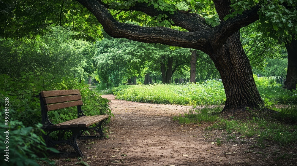 A summer park bench near an old tree and a path A summer park bench near an old tree and a path