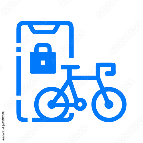 A blue bicycle is shown next to a cell phone with a lock on it. Concept of security and protection, as the lock on the phone suggests that the owner wants to keep their personal information safe