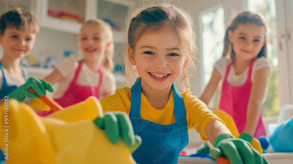 Children cleaning up together with smiles, wearing colorful aprons and gloves, learning responsibility and teamwork in a fun environment.Children cleaning up together with smiles, wearing colorful apr Children cleaning up together with smiles, wearing colorful aprons and gloves, learning responsibility and teamwork in a fun environment.Children cleaning up together with smiles, wearing colorful apr