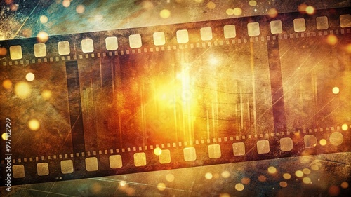 Realistic film stripe wave on blue background with place for text. Modern 3d isometric film strip in perspective. Cinema Background with film reel. Design template cinema festival banner, poster