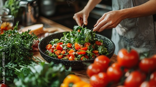 A woman's hands are preparing a salad in a kitchen, with fresh tomatoes, spinach, and other vegetables on the counter.