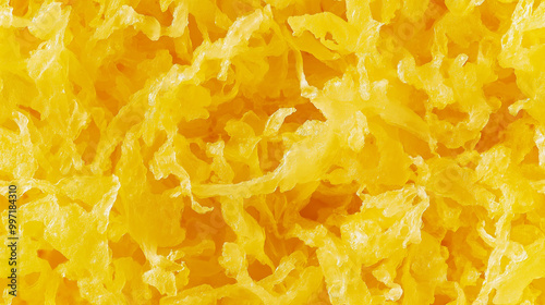 a close-up, top-down view of yuzu zest spread across the entire frame, filling the image with its bright yellow color and finely grated texture photo