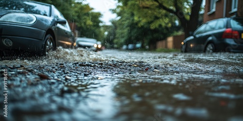 Flooded street in urban neighborhood due to heavy rain and storm