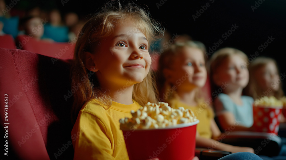 Excited children in a movie theater holding buckets of popcorn, watching a thrilling film and laughing with joy. Excited children in a movie theater holding buckets of popcorn, watching a thrilling film and laughing with joy.