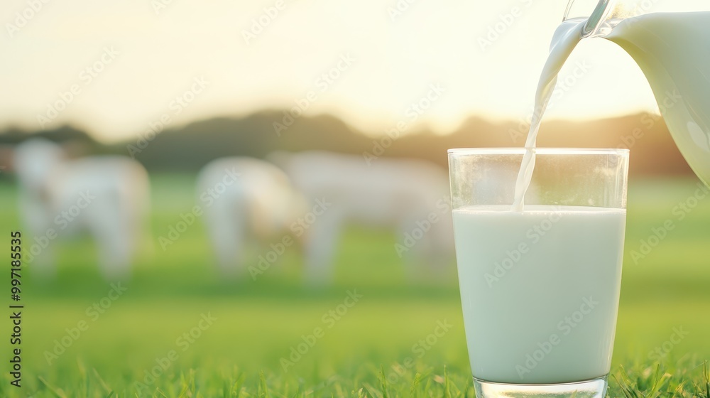 A hand pouring fresh milk into a glass on green grass with blurred cows in the background, representing a farm-to-table concept. A hand pouring fresh milk into a glass on green grass with blurred cows in the background, representing a farm-to-table concept.